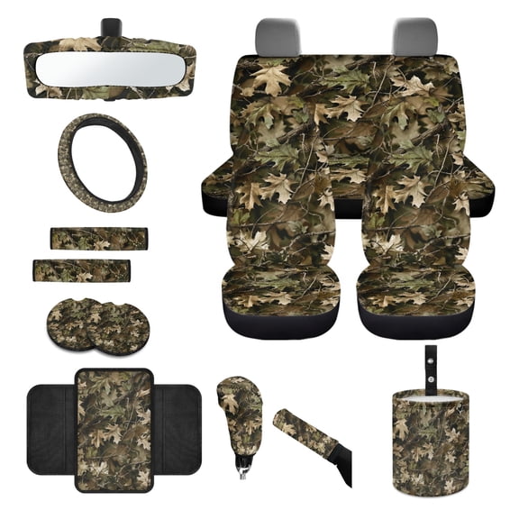 Jeiento Hunting Camo Forest Car Seat Covers Full Set with Steering Wheel Cover Safe Belt Pads Handbrake Cover Set Coasters Trash Can Rear View Mirror Cover Car Center Console Cover, Set of 14