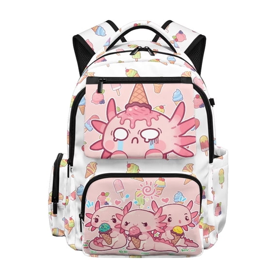Jeiento Ice Cream Axolotl Kids School Backpack for Girls 6-12, 17 Inch Water-Resistant Polyester Multi-Pocket Daypack, Large Capacity for Back to School, Travel & Outdoor Hiking