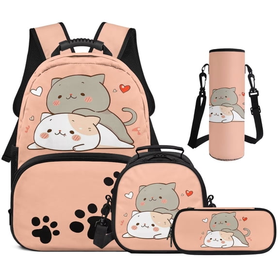 Jeiento Kawaii Backpack School Backpack for Girls Cats Kids 4 piece Backpacks with Lunch Box Pencil Bag Water Bottle Holder Bookbag for Kids 10-12 Middle School