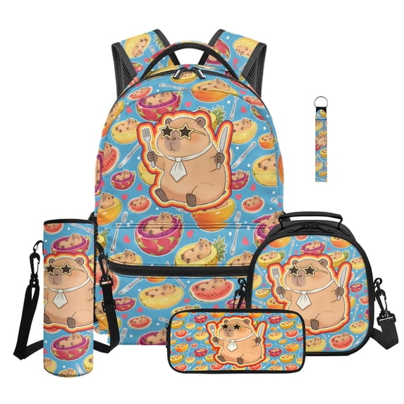 Jeiento Kawaii Capybara Backpack Set For Boys with Padded Straps Durable Kids Backpack For School Elementary Bookbags Daypack Bag with Pencil Case Lunchbag