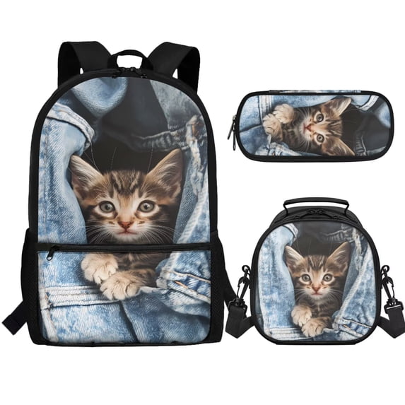 Jeiento Kawaii Cat Backpack for Kindergarten Girls 3 Pcs Backpack Set with Lunchbox and Pencil Case Lightweight Schoulder Bag Kids School Bookbag for Boys Elementary School