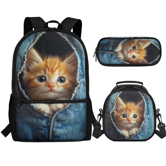 Jeiento Kawaii Cat School Bag Backpack Elementary School Bookbag for Girls with Lunch Box Pencil Case 3 In 1 Set Primary Schoolbag Book Back Packs for Kids Back to School