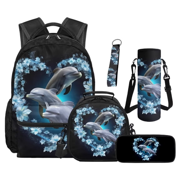 Jeiento Kids Backpack and Lunch Box 5-Piece Set, Dolphin Blue Floral Large Capacity Multiple Pockets, for Boys Girls Elementary Students, Back to School Supplies