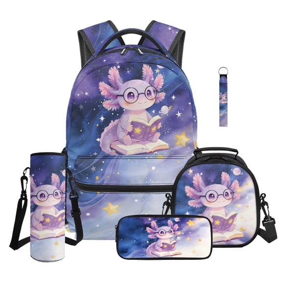 Jeiento Kids Backpack And Lunch Box Set 16 Inch Backpack for School with Pencil Case, Water Bottle Holder, Keychain for Elementary Girls, Back to School Supplies, Purple Axolotl