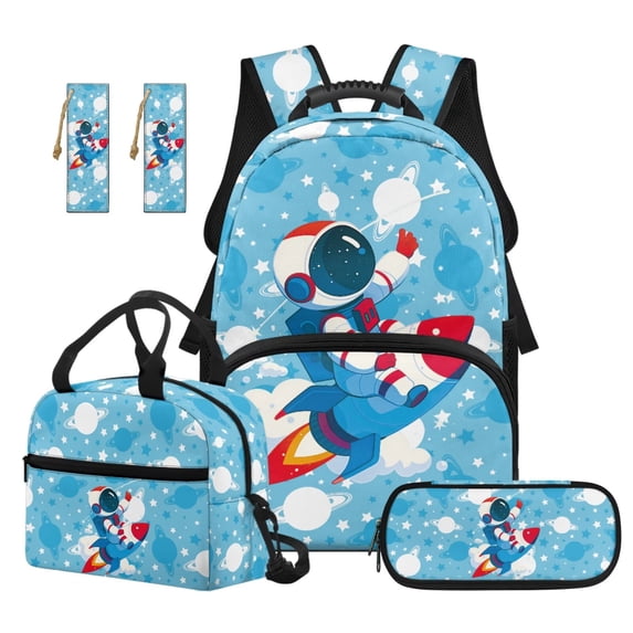 Jeiento Kids Backpack and Lunch Box Set 17 Inch 4 Piece Rocket Astronaut Back to School Supplies with Padded Straps, Includes Pencil Case, Bookmarks for Elementary Boys