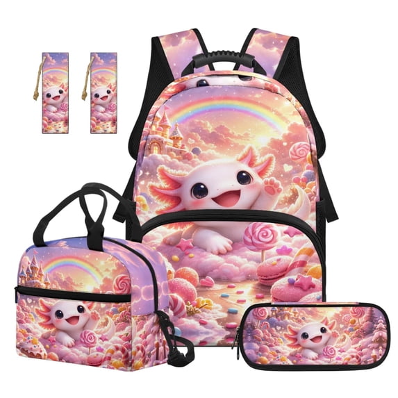 Jeiento Kids Backpack And Lunch Box Set 4-Piece 17 Inch Cartoon Axolotl School Supplies for Elementary Boys Girls, Includes Lunch Bag, Pencil Case, 2 Bookmarks for Back to School