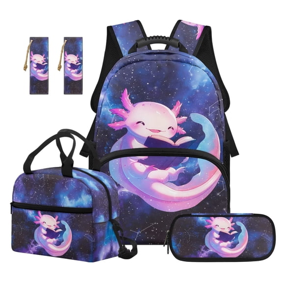 Jeiento Kids Backpack And Lunch Box Set 4 Piece 17 Inch Galaxy Axolotl Backpack Set For School, Includes Pencil Case, Bookmark for Elementary Boys Girls Casual Daypack
