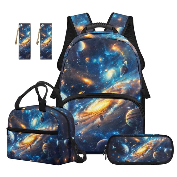 Jeiento Kids Backpack and Lunch Box Set 4 Piece Elementary School Bookbag with Pencil Case & Bookmark, Galaxy Planet Lightweight Backpack for Back to School Travel