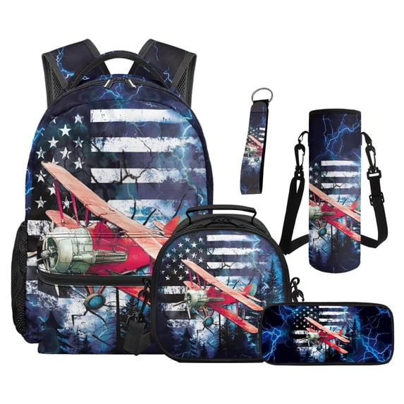 Jeiento Kids Backpack And Lunch Box Set 5-Piece Backpack, Lunch Bag, Pencil Case, Water Bottle Bag, Keychain, American Flag Plane School Bag for Boys Elementary Back to School Supplies