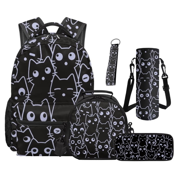 Jeiento Kids Backpack And Lunch Box Set 5 Piece Set Black Cat Print Water Resistant Large Capacity School Bag for Elementary Boys Girls Lunch Bag, Pencil Case, Bottle Holder, Keychain