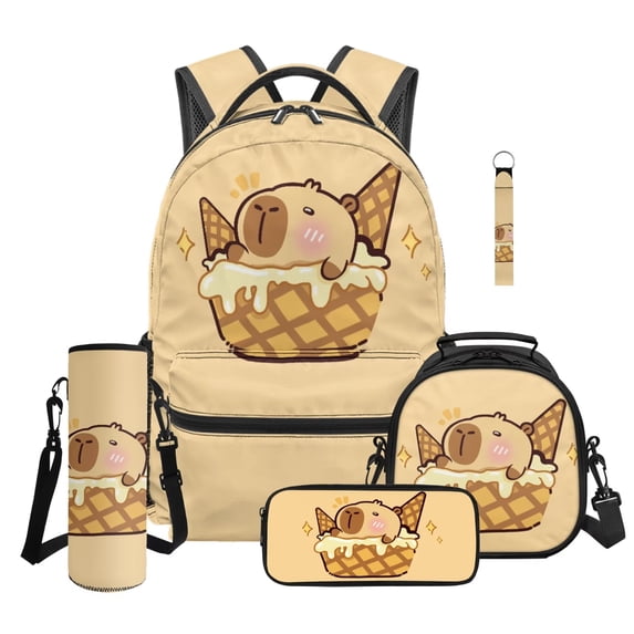 Jeiento Kids Backpack and Lunch Box Set Capybara Ice Cream Cone 5 Piece School Supplies for Elementary 16 Inch Backpack with Lunch Bag, Pencil Case, Water Bottle Bag, Keychain