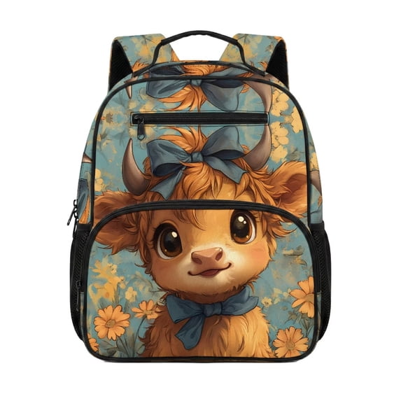Jeiento Kids Lightweight Backpack for Toddler Girls 2-5, Cute Highland Cow 13.5 Inch Preschool School Bag, Bookbag with Top Handle for Hand Carry