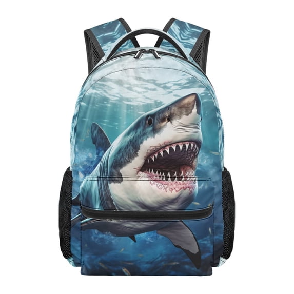 Jeiento Kids School Backpack 16 Inch Lightweight Water-Resistant Polyester Bookbag with Adjustable Straps, Multiple Organizer Pockets for Elementary Boys and Girls, White Shark Print