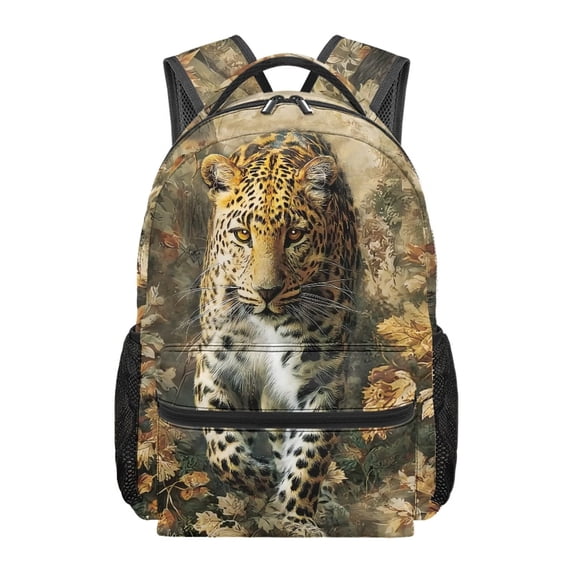 Jeiento Kids School Backpack 16 Inch Water-Resistant Polyester Backpack with Multiple Organizer Pockets, Forest Leopard Print Lightweight Bookbag for Elementary Students