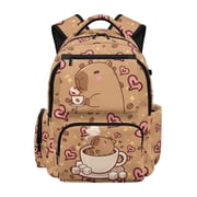 Jeiento Kids School Backpack for Boys Girls Ages 6-14 17 Inch Large Capacity Water-Resistant Polyester Coffee Capybara Bookbag for School, Travel, Hiking, Back to School