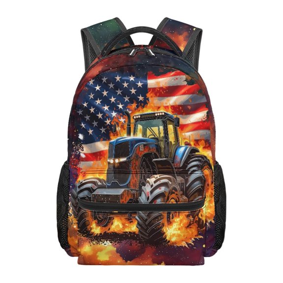 Jeiento Kids School Backpack for Boys Girls, American Flag Tractor Backpack with Adjustable Straps, Multiple Organizer Pockets for Elementary School Travel, 16 Inch