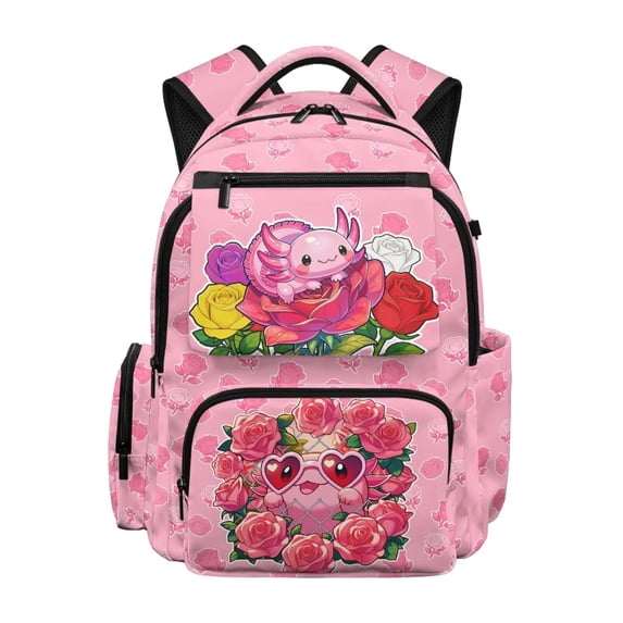 Jeiento Kids School Backpack for Girls 17 Inch Large Capacity Water-Resistant Polyester Bookbag Cute Axolotl Lightweight Daypack for Elementary School Travel Hiking