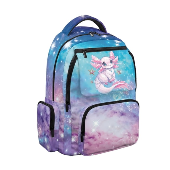 Jeiento Kids School Backpack for Girls 17 Inch Large Capacity Water-Resistant Polyester Galaxy Axolotl Bag Multi-Pocket Lightweight Daypack for Elementary School, Travel, Hiking