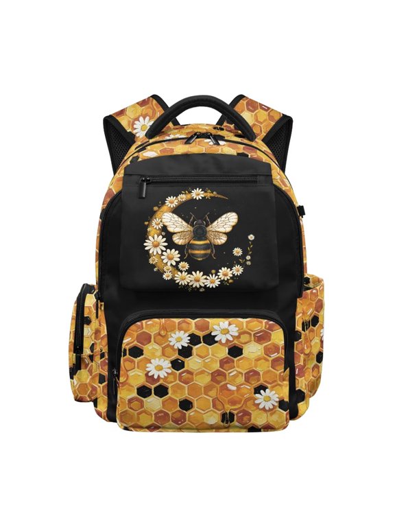 Kids School Backpack for Girls, Water-Resistant Polyester 17 Inch Large Capacity Bookbag with Adjustable Straps, Honeycomb Bee Daypack for Elementary School, Short Trips, Daily Use