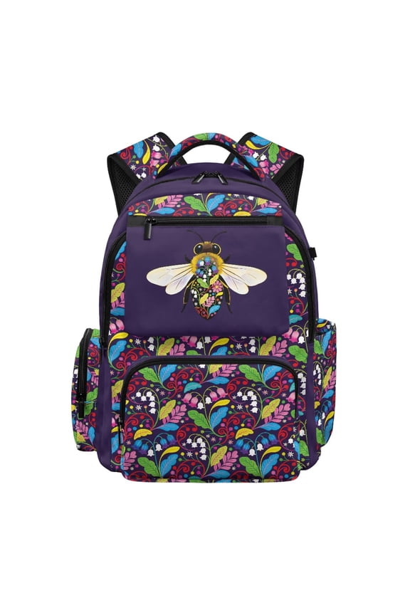 Kids School Backpack, Large Capacity Lightweight Water-Resistant Polyester Bookbag for Boys Girls, Cute Bee Floral Elementary Primary Back to School Use, 17 Inch