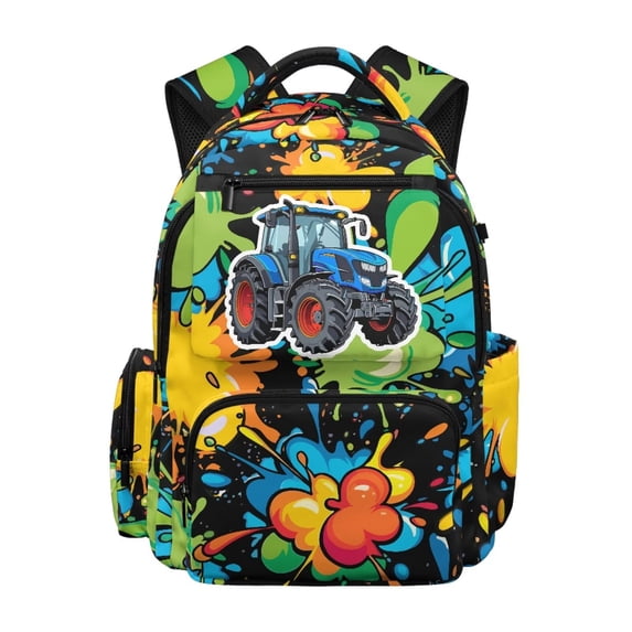 Jeiento Kids School Backpack Water-Resistant 17 Inch Multi-Pocket Large Capacity Bookbag for Elementary Boys Lightweight Adjustable Straps Bag for School Casual Daypack, Tractor Vehicle