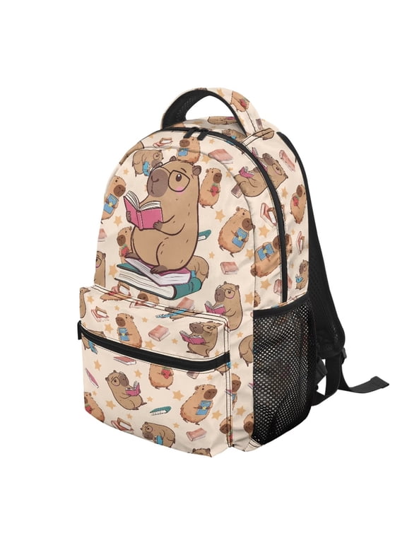Kids School Backpack Water-Resistant Polyester Reading Capybara Bookbag with Multiple Organizer Pockets for Elementary Boys Girls, 16 Inch Casual Daypack for School