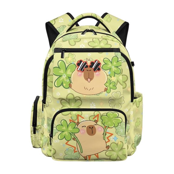 Jeiento Kids Shamrock Capybara School Backpack 17 Inch Large Capacity Water-Resistant Polyester Bookbag for Elementary Boys Girls School Casual Daypack for Travel