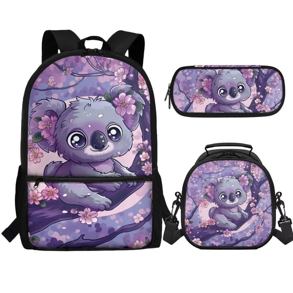 Jeiento Koala Backpack and Lunch Box Set Girls 4-6/6-8/8-12 Toddler Kids Primary School Bookbags for Third Grade Purple Flowers Schoolbag with Lunch Bag Pencil Case 3 in 1 Book Bags