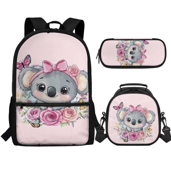 Jeiento Koala Schoolbag 17 Inch Primary School Backpack with Lunch Bag Pencil Case Holder Flower Kids Girls Bookbag Set 3 Pcs Travel Rucksack Pink