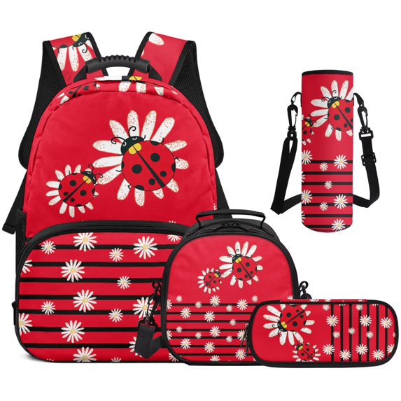 Jeiento Ladybug 4-Piece Girls Backpack Set with Lunch Box Pencil Case Water Bottle Holder 17 Inch Large Capacity Breathable Lightweight Bookbag for 8-14 Middle School