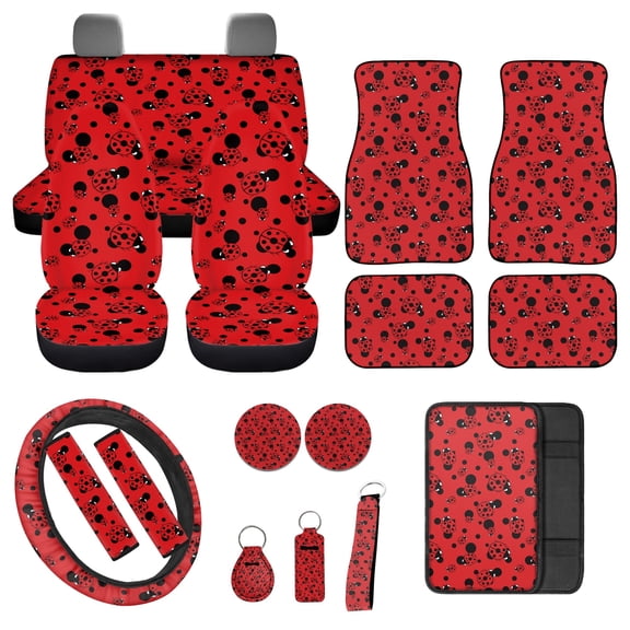 Jeiento Ladybug Auto Seat Cover Set 17Pcs Car Seat Covers Front and Back Full Set for SUV Truck Sedan with Seat Belt Covers Center Console Pad Steering Wheel Cover Red