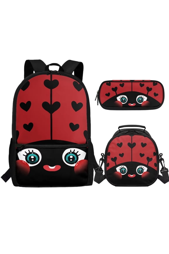 Ladybug Backpack with Lunch Box for Girls 7-8 9-10 10-11 Cute Primary School Book Bag and Lunch Bag Pencil Case Red Kids Bookbag 3 IN 1 Set, Red