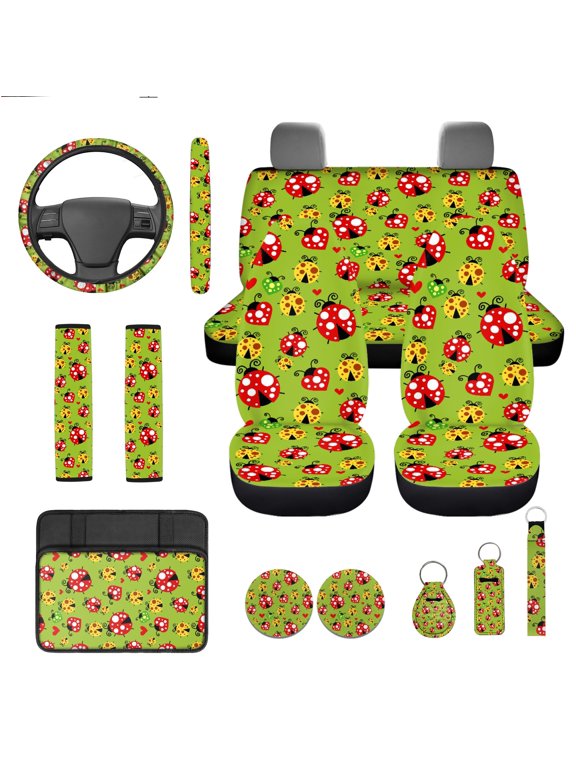 Ladybug Car Seat Cover Full Set with Steering Wheel Cover Seat Belt Pads Cup Holders Keychain for Most Vehicles Green Auto Accessories Universal Fit for Most Cars SUV Van Truck Sedan