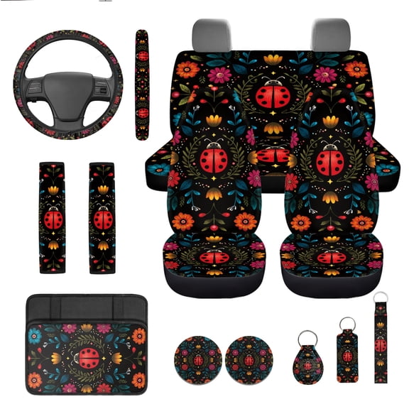 Jeiento Ladybug Car Seat Covers Front Rear Split Bench Full Set Steering Wheel Seat Belt Pads Armrest Pad Flower Coasters Key Chain, 13 PCS Auto Interior Accessories Universal Fit for Most Vehicles