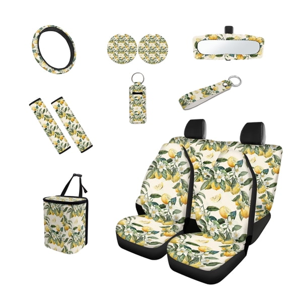 Jeiento Lemon Car Interior Accessories Full Set 13 PCS Car Seat Covers Steering Wheel Cover Seat Belt Cover Trash Bag Rearview Mirror Cover Car Coasters Lipstick Holder Auto Decor for SUV Sedan