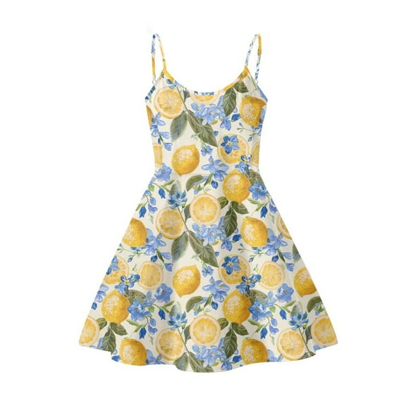 Jeiento Lemon Dresses for Women Casual Sleeveless Midi Dress Floral Crew Neck A-Line Dresses Summer Trendy Vacation Sun Dress with Spaghetti Strap, Size 2XL