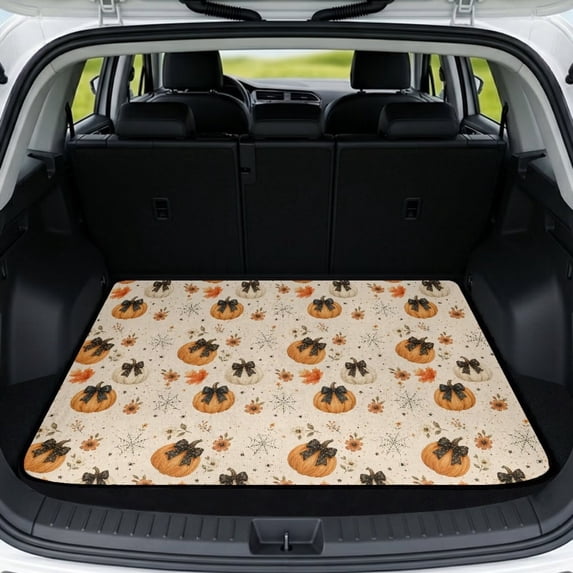 Jeiento Leopard Bow Tiny Pumpkin Car Trunk Mat All Weather Non Slip Cargo Liner Universal Fit Stain Resistant Vehicle Rear Mat