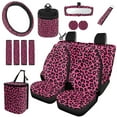 thumbnail image 1 of Jeiento Leopard Print 15 Piece Car Seat Covers Full Set with Auto Steering Wheel Cover Seat Belt Strap Protector Pink Cup Holder Trash Bag Air Vent Storage Pocket Rearview Protector Keychain, 1 of 7