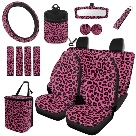 Jeiento Leopard Print 15 Piece Car Seat Covers Full Set with Auto Steering Wheel Cover Seat Belt Strap Protector Pink Cup Holder Trash Bag Air Vent Storage Pocket Rearview Protector Keychain