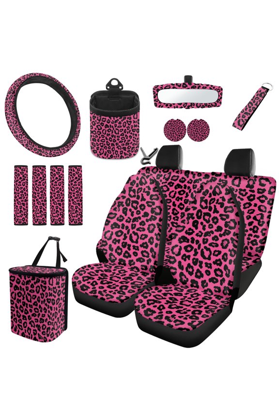 Leopard Print 15 Piece Car Seat Covers Full Set with Auto Steering Wheel Cover Seat Belt Strap Protector Pink Cup Holder Trash Bag Air Vent Storage Pocket Rearview Protector Keychain