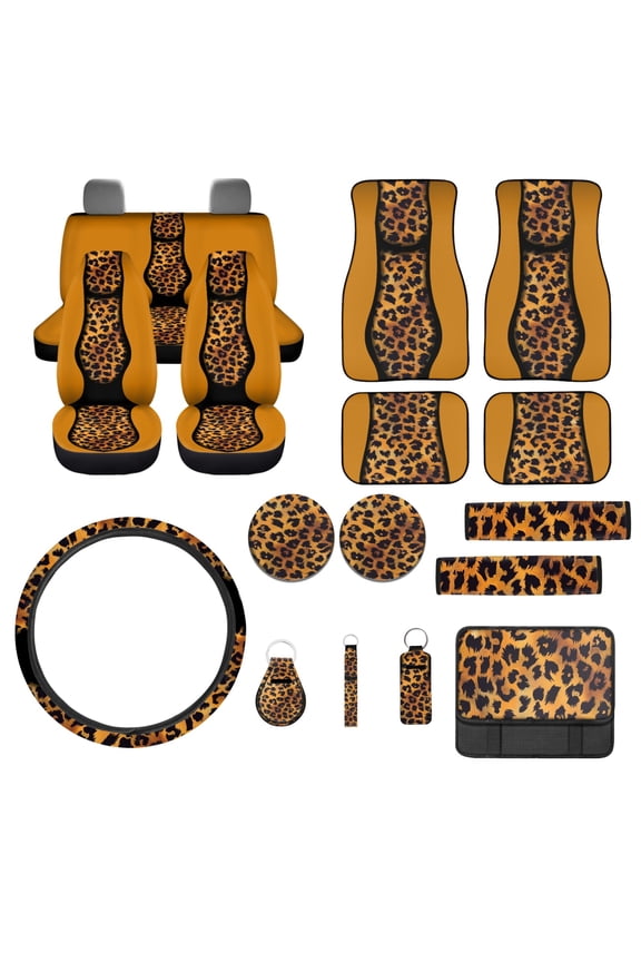 Leopard Print Automotive Seat Cover Set Car Floor Mat Steering Wheel Cover Center Console Armrest Pad Safety Belt Pad Cup Coasters Keychains Lipstick Holder 17 PCS Car Accessory Decor