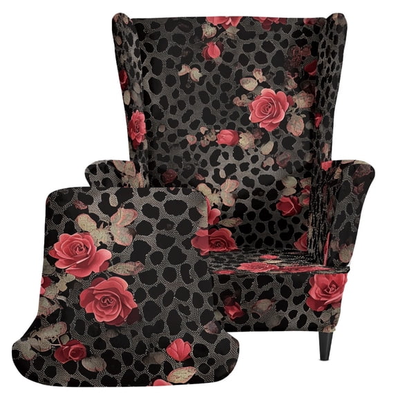 Jeiento Leopard Print Red Rose Wing Chair Slipcover, Washable Wingback Armchair Protector for Living Room, Soft Furniture Cover for Home Decor Pet Friendly