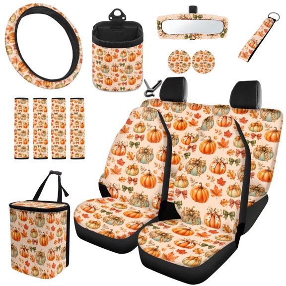 Jeiento Light Fall Pumpkin Car Seat Covers Full Set 15 Pack Auto Steering Wheel Cover Seat Belt Pads Coasters Trash Bin Hanging Storage Bag Cup Holders Rearview Mirror Cover Key Ring for Women