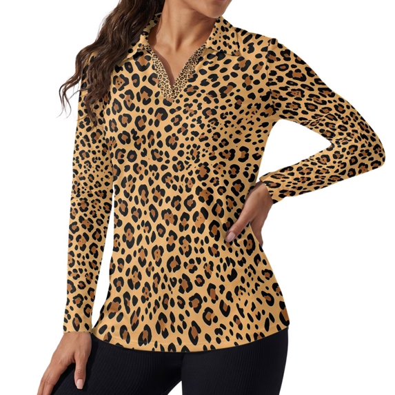 Jeiento Long Sleeve Women's Golf Shirts, Leopard Print Retro Sports Tops, V Neck Moisture Wicking Quick Dry Sun Protection Top for Court Practice and Outdoor Travel