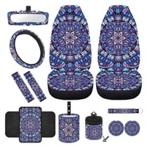 Jeiento Mandala Flower Front Car Seat Covers Full Set of 12 PCS Steering Wheel Cover Seatbelt Pad Armrest Pad Coasters Garbage Bin Rear View Mirror Cover Keychain Air Vent Storage Box for SUV Van