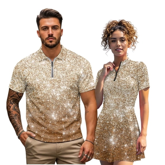 Jeiento Matching Couples Outfits Short Sleeve Workout Athletic Shirt for Men Gold litter Sparkly Soft Short Sleeve Golf Dress for Women Breathable Tennis Dresses