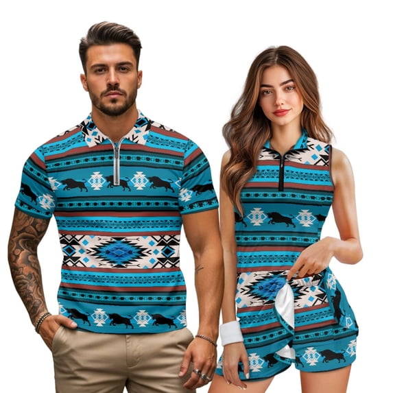Jeiento His and Hers Matching Golf Set Mens Quick Dry Golf Shirts Southwestern Aztec Horse Womens Sleeveless Dress with Built-In Pocketed Shorts Breathable for All-Day Wear