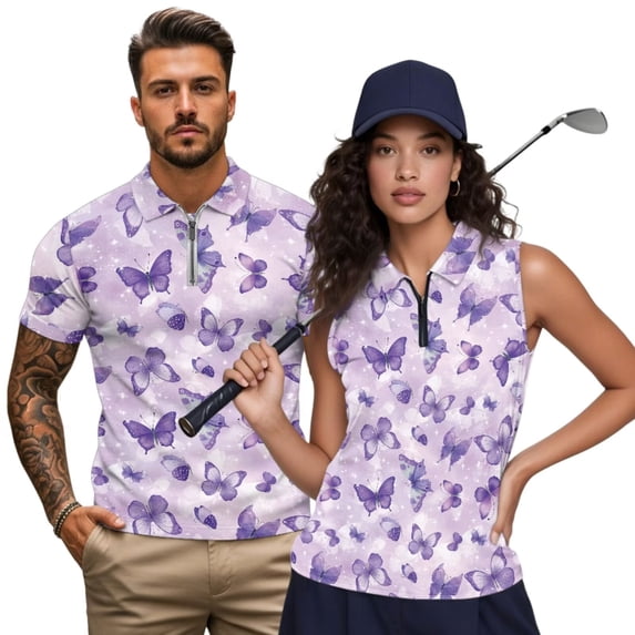 Jeiento Matching Golf Shirts for Couples Mens Short Sleeve Quick Dry Tops Womens Half Zip Sleeveless Golf Tanks Purple Butterfly Couple Activewear for Golf Tennis Hiking Casual Wear