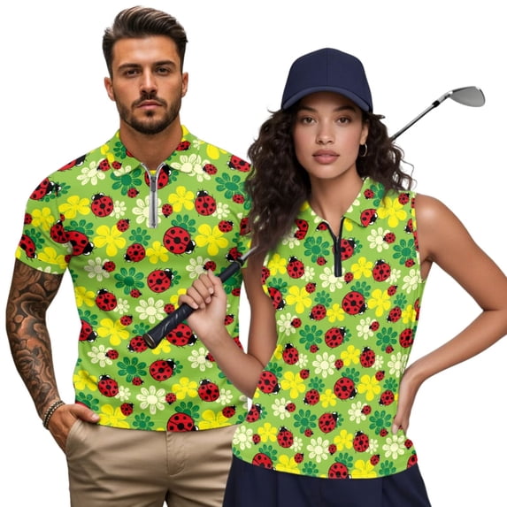 Jeiento His and Hers Matching Golf Shirts, Ladybug Floral Men Short Sleeve Shirts , Women Sleeveless Quick Dry Moisture Wicking Couple Golf Outfit Set