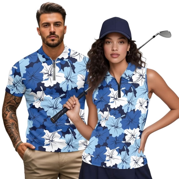 Jeiento Matching Golf Shirts for Couples Quarter Zip Sleeveless Golf Shirt for Women Blue Hibiscus Flowers Mens Slim Fit Short Sleeve Shirts